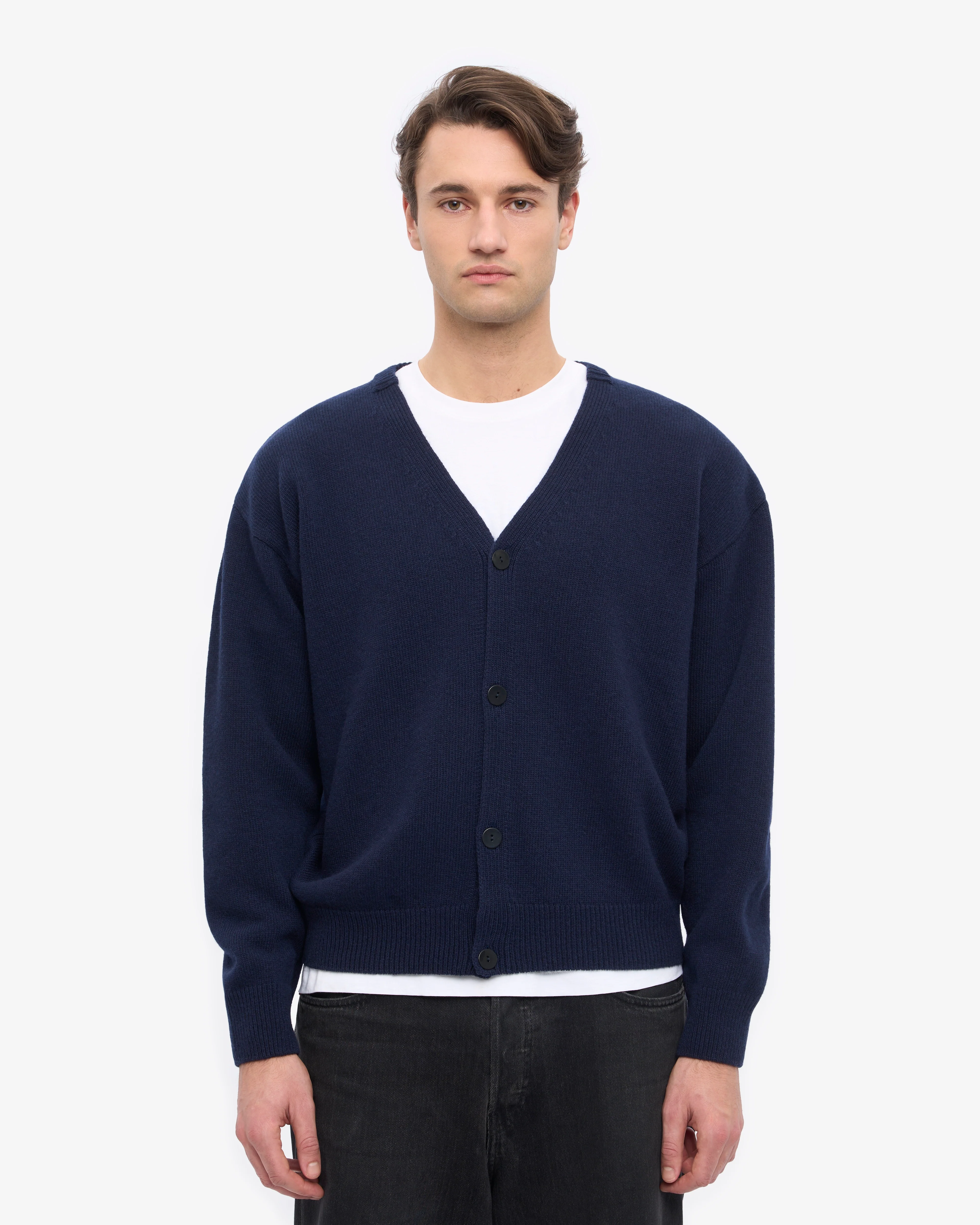 Merino Wool V-Neck Cardigan - Navy Blue - Image 2
