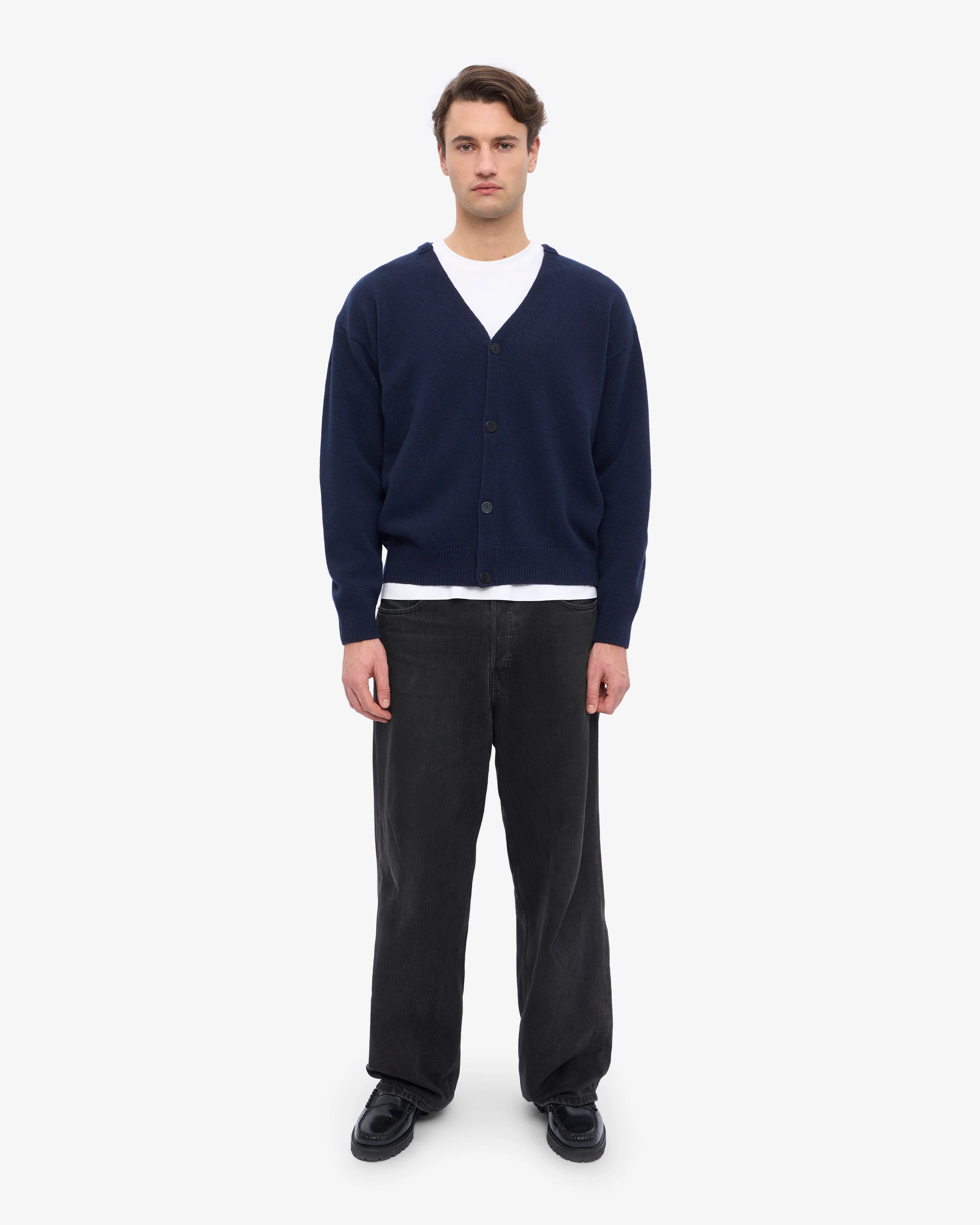 Merino Wool V-Neck Cardigan - Navy Blue - Image 5
