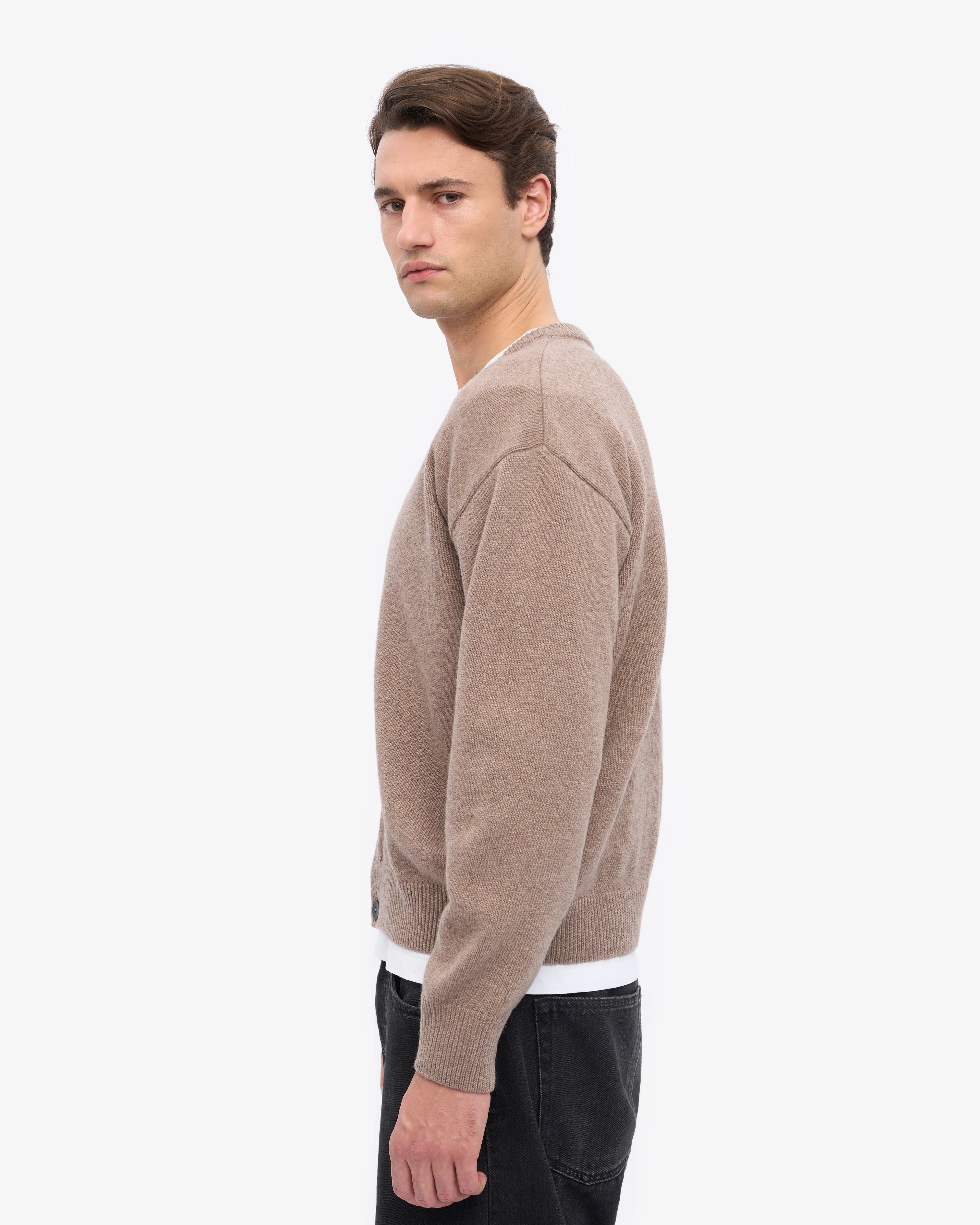 Merino Wool V-Neck Cardigan - Warm Taupe - Image 3